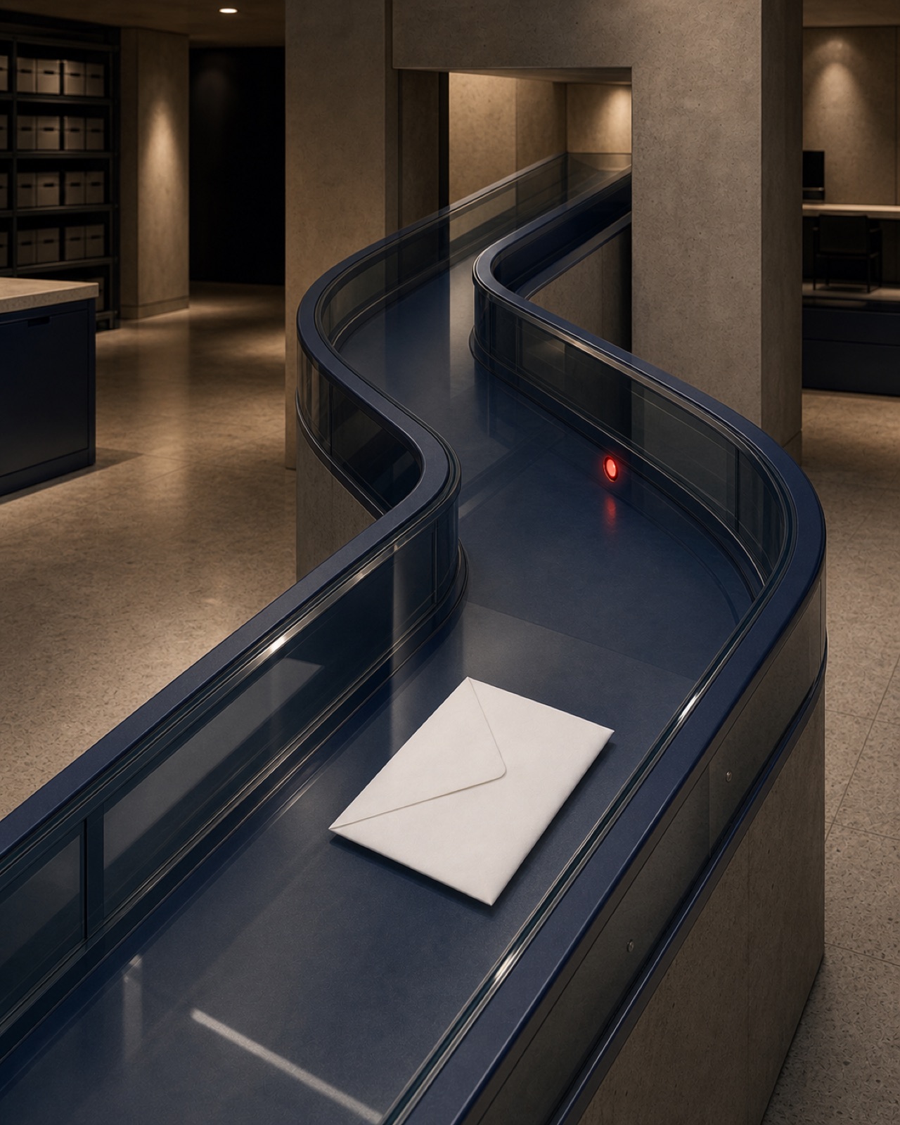 A sealed ballot envelope traveling a single monitored track through a secure counting facility.